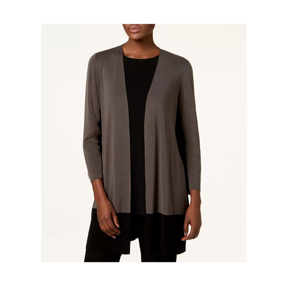 Eileen Fisher Cardigan Open Front Taupe Black Minimalist Work - Small